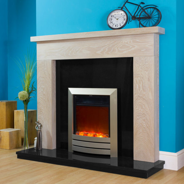 Dover oak fire surround shown in a Limed finish with a Celsi XD camber in champagne.